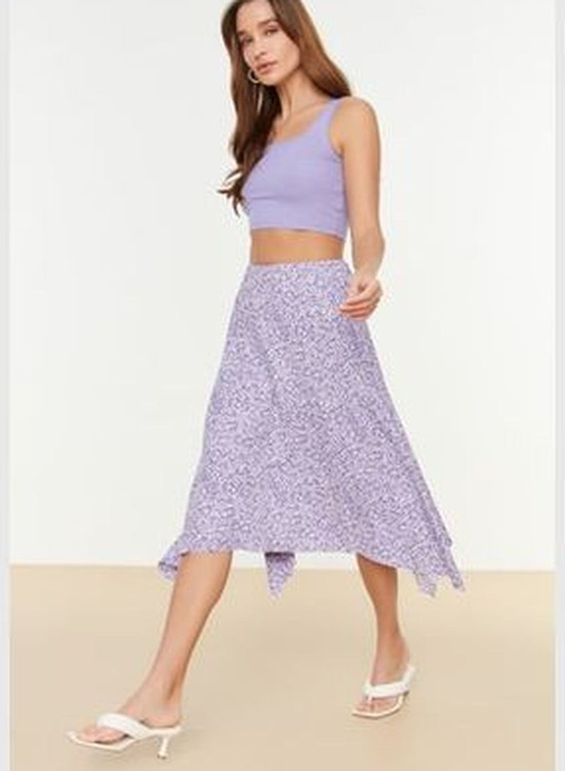 Lilac Flower Patterned Ruffles Asymmetrical High Waist Midi Stretch Knit Skirt TWOAW20ET0440