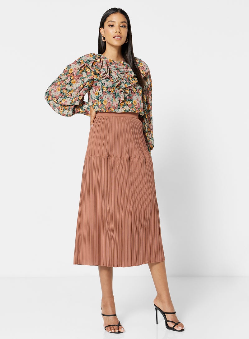 Industry Pleated Midi Skirt Brown