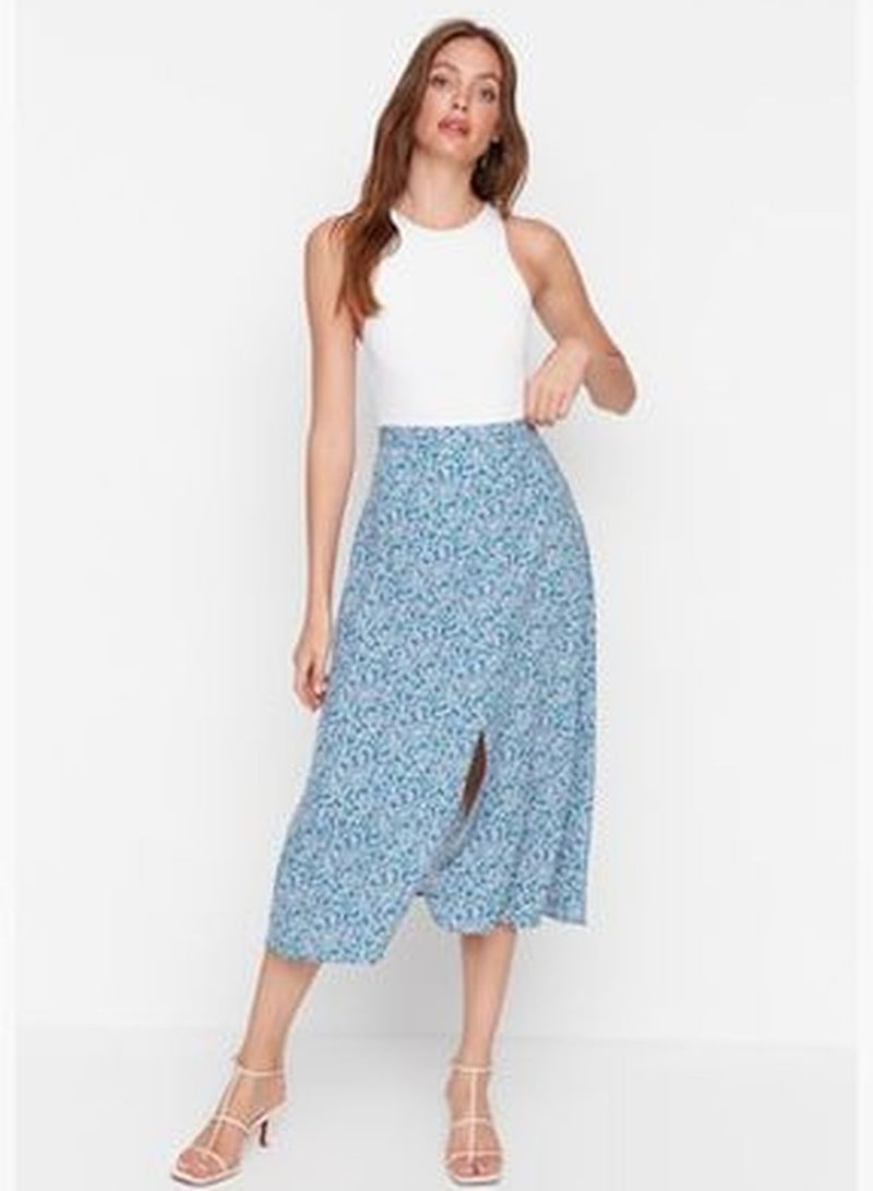 Blue Knitted Midi Skirt with Viscose Fabric with a Slit Detail TWOSS20ET0230
