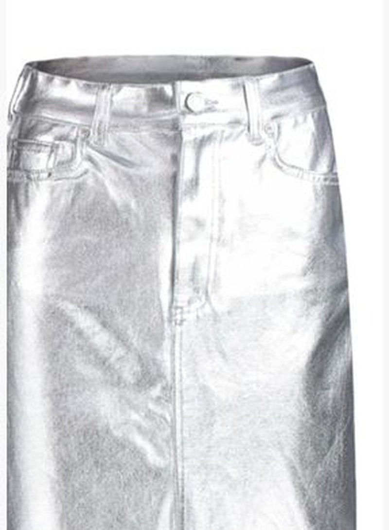 Silver Shiny Metallic Printed Slit Maxi Denim Skirt TWOAW24ET00134