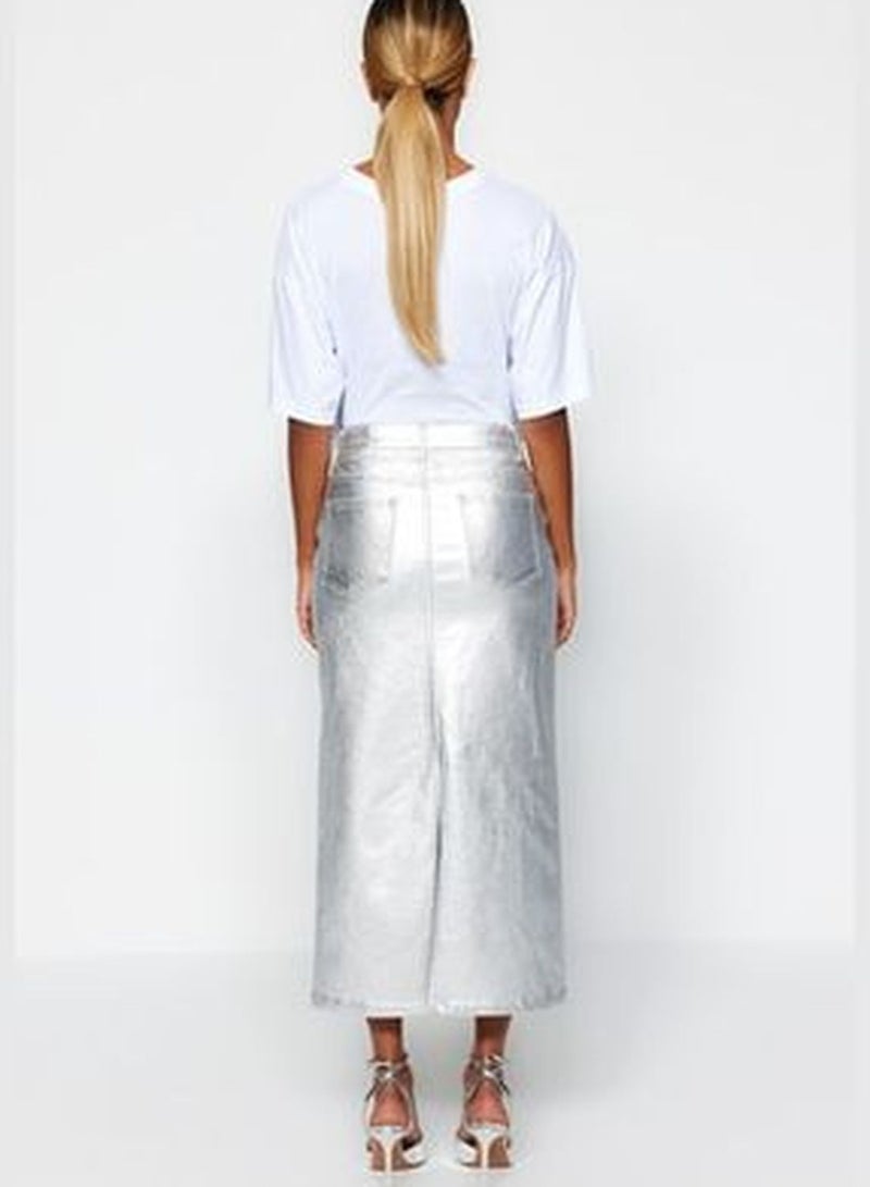 Silver Shiny Metallic Printed Slit Maxi Denim Skirt TWOAW24ET00134