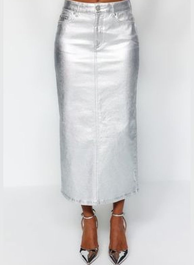 Silver Shiny Metallic Printed Slit Maxi Denim Skirt TWOAW24ET00134