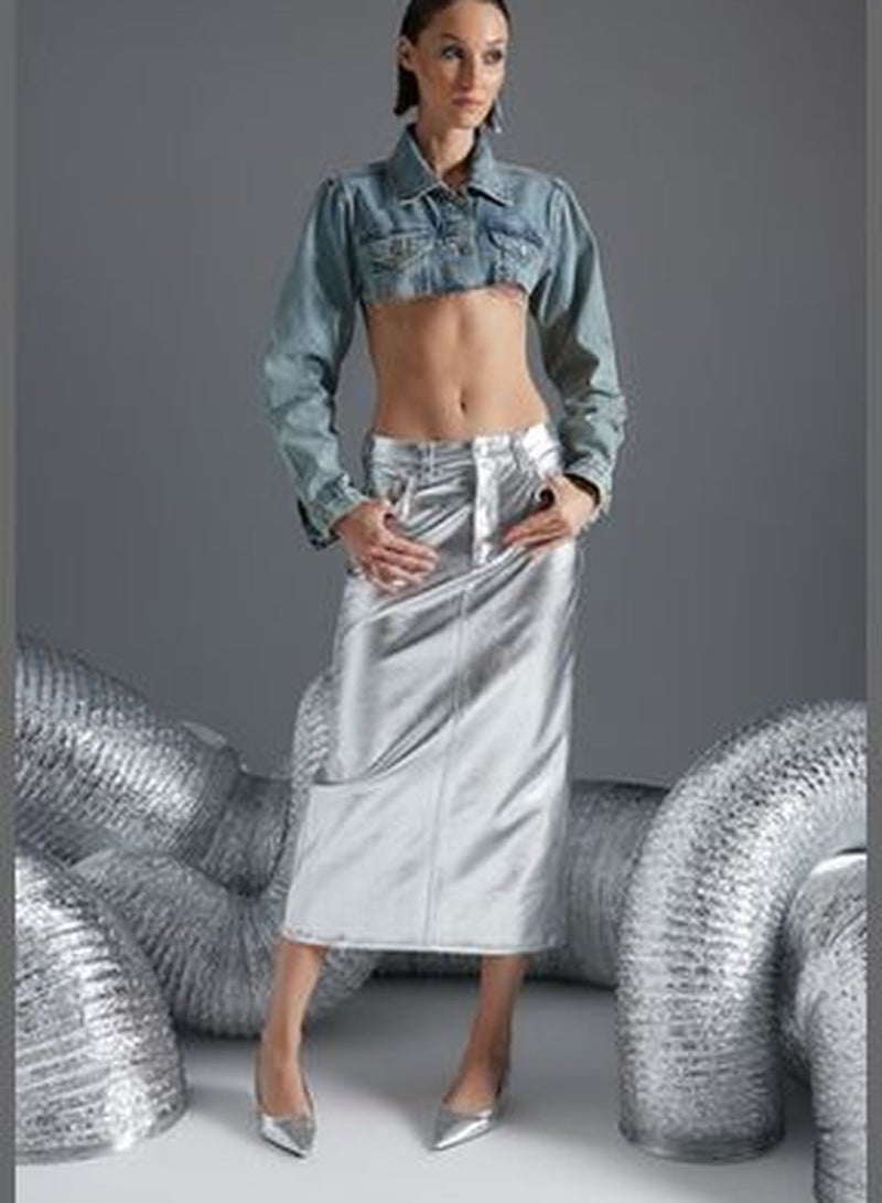 Silver Shiny Metallic Printed Slit Maxi Denim Skirt TWOAW24ET00134