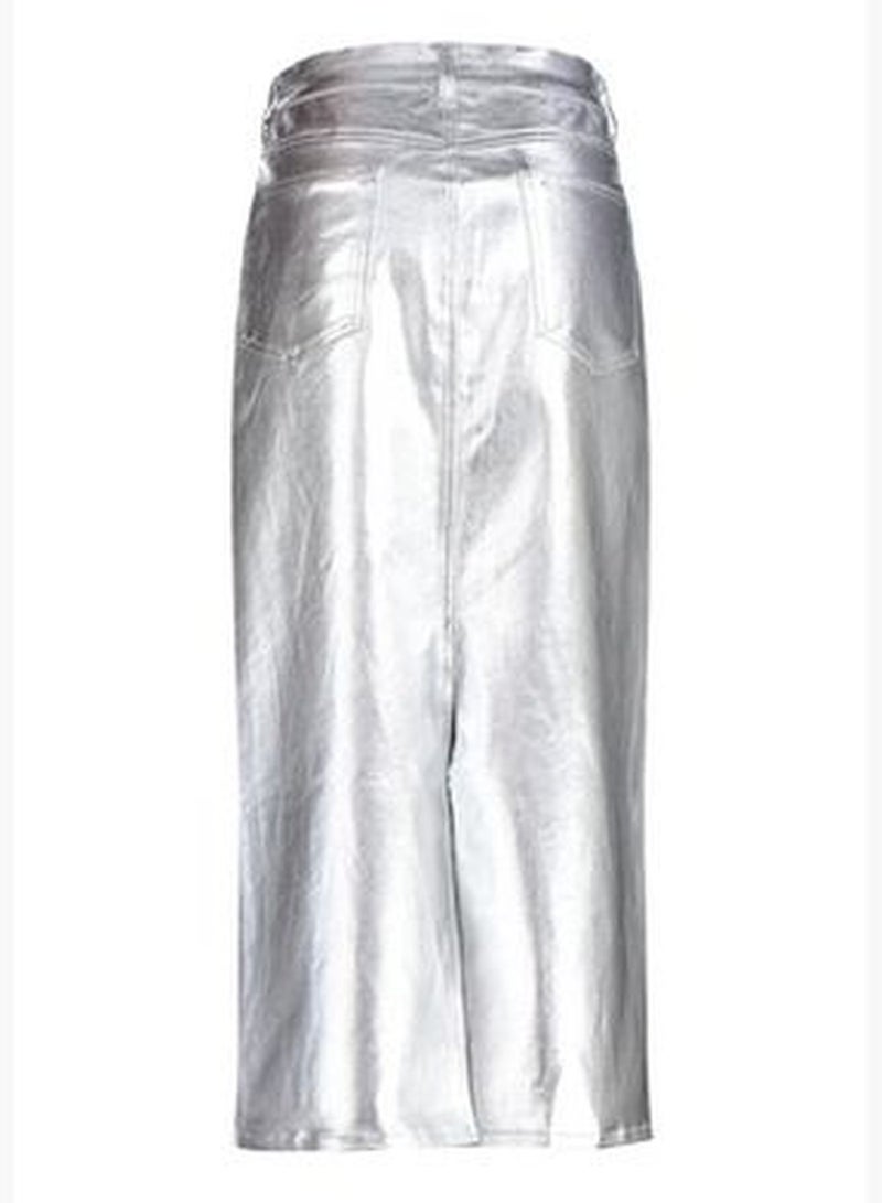 Silver Shiny Metallic Printed Slit Maxi Denim Skirt TWOAW24ET00134