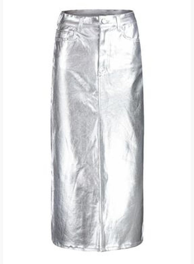 Silver Shiny Metallic Printed Slit Maxi Denim Skirt TWOAW24ET00134