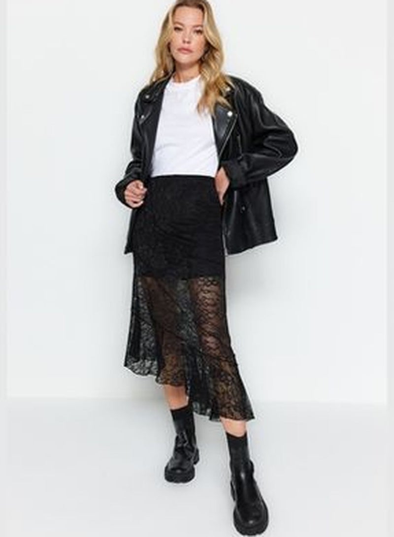Black Asymmetrical Midi Lined Knitted Lace Skirt TWOAW24ET00331