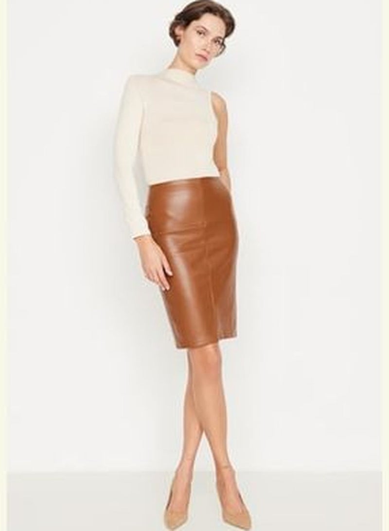 Brown Faux Leather Fitted/Skinned High Waist Pencil Skirt TWOAW23ET00181