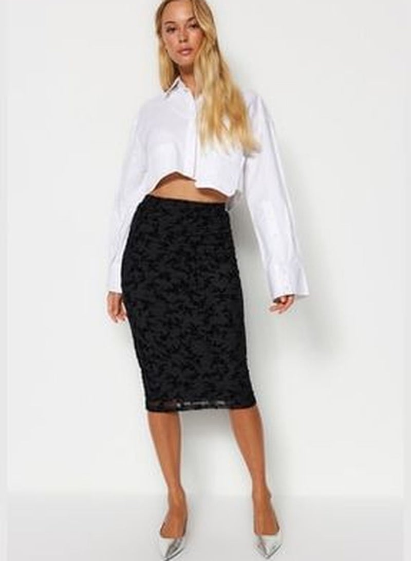 Black Flock Printed Tulle Lined Pencil Midi High Waist Flexible Knitted Skirt TWOAW24ET00163