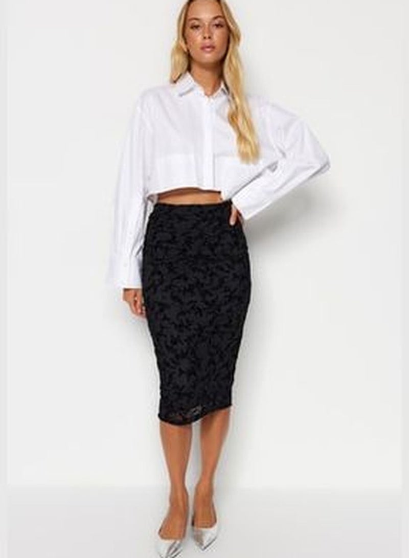 Black Flock Printed Tulle Lined Pencil Midi High Waist Flexible Knitted Skirt TWOAW24ET00163