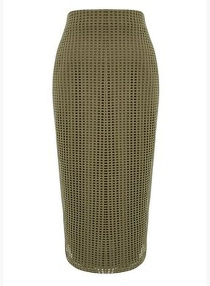 Khaki Midi Lined Mesh Fabric High Waist Knitted Skirt TWOSS23ET00379