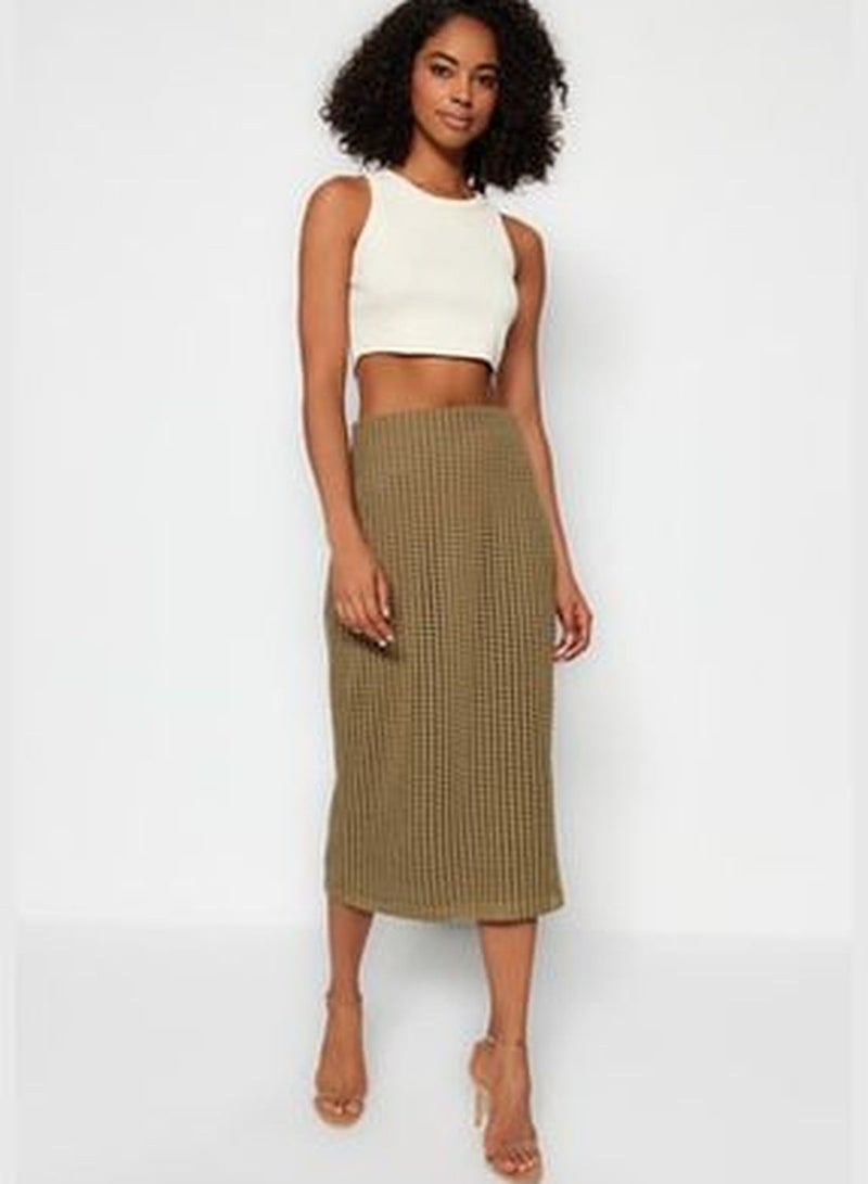 Khaki Midi Lined Mesh Fabric High Waist Knitted Skirt TWOSS23ET00379