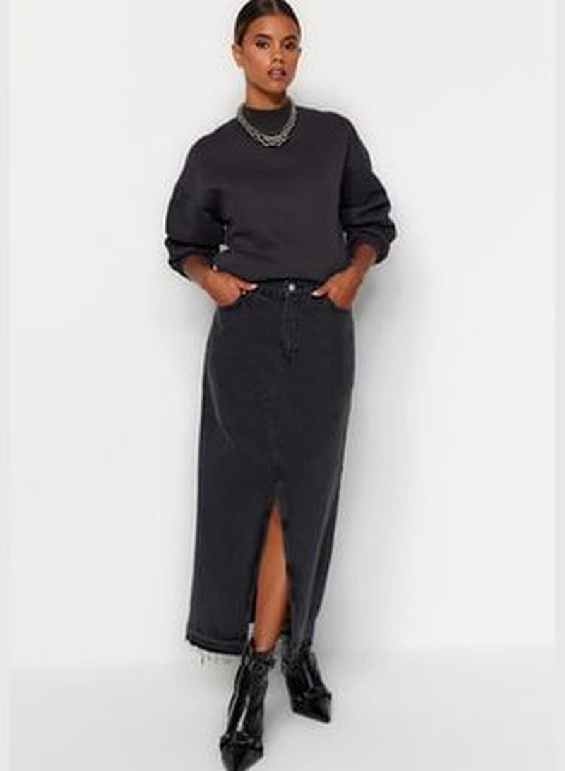 Black Slit Maxi Denim Skirt TWOSS23ET00289