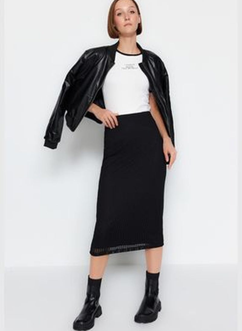 Black Midi Lined Mesh Fabric High Waist Knitted Skirt TWOSS23ET00379