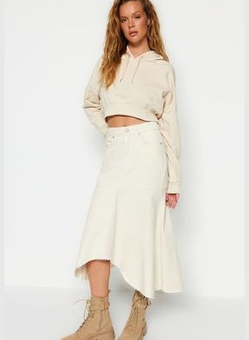 Asymmetrical Ecru High Waist Midi Denim Skirt TWOAW24ET00055