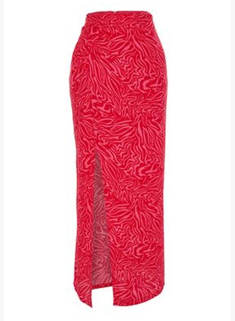 Pink Animal Patterned Slit Maxi Length Woven Skirt TWOSS24ET00003