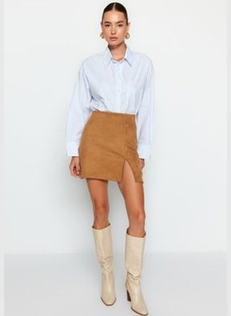 Camel Slit Suede Mini Knitted Skirt TWOAW24ET00211