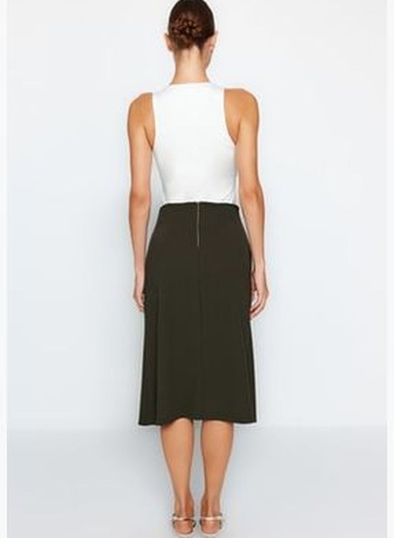Khaki Double Breasted Closed Crepe Midi Knitted Skirt TWOAW24ET00128
