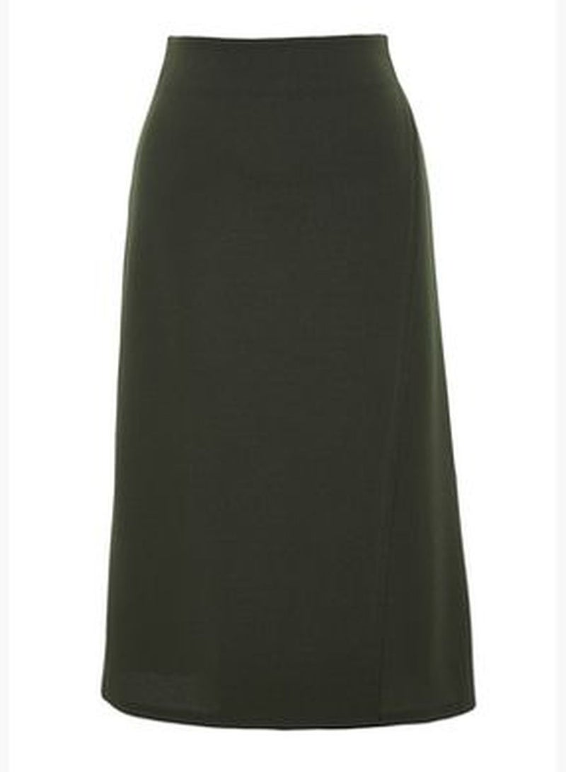 Khaki Double Breasted Closed Crepe Midi Knitted Skirt TWOAW24ET00128