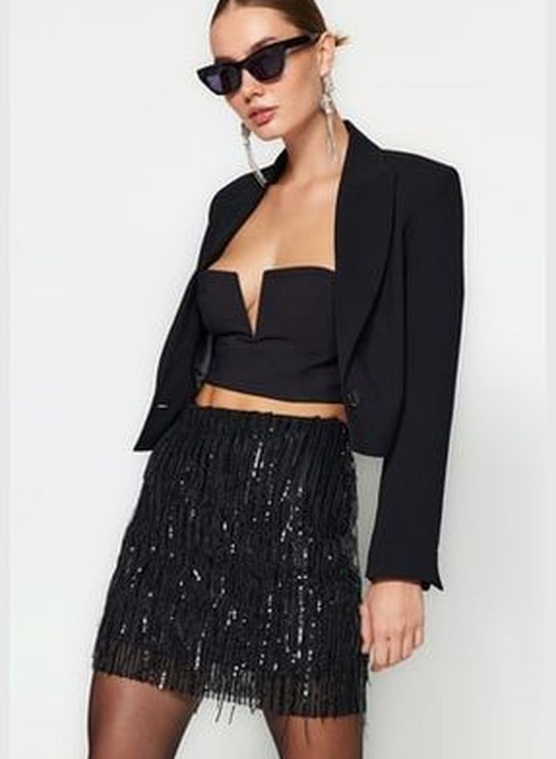 Black Fitted Shine Sequin Skirt Skirt TPRAW24ET00007