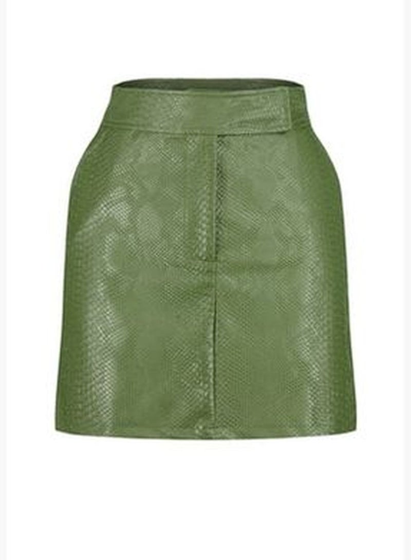 Khaki Premium High Quality A-Line Faux Leather Mini Weave Skirt TWOAW22ET0480