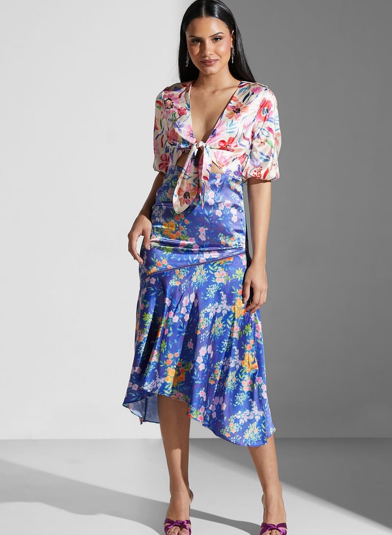 Floral Print Tie Detail Crop Top & Skirt Set