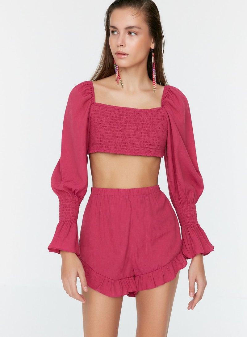 Puff Sleeve Shirred Crop Top & Shorts Set