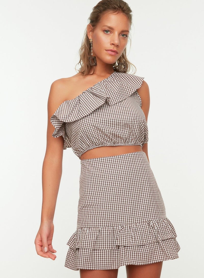 Ruffle Detail Checked Crop Top & Skirt Set