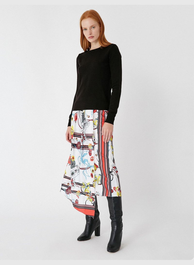 Satin Asymmetric Flower Printed Skirt