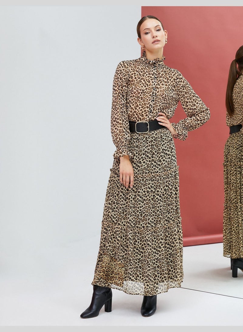 Voluminous Leopard Patterned Maxi Chiffon Skirt