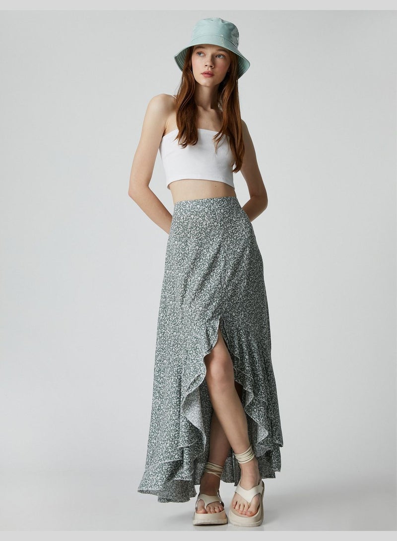 Ruffle Detail Floral Maxi Slit Skirt