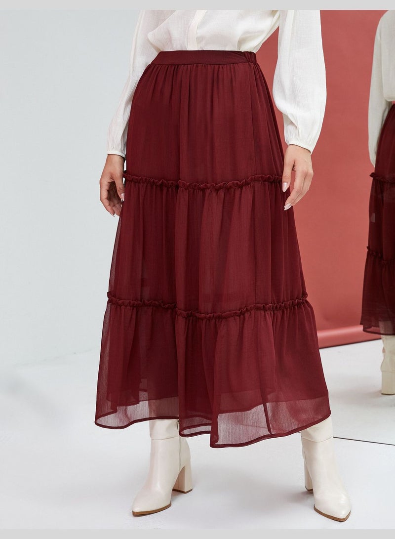 High Rise Elastic Waist Voluminous Midi Skirt