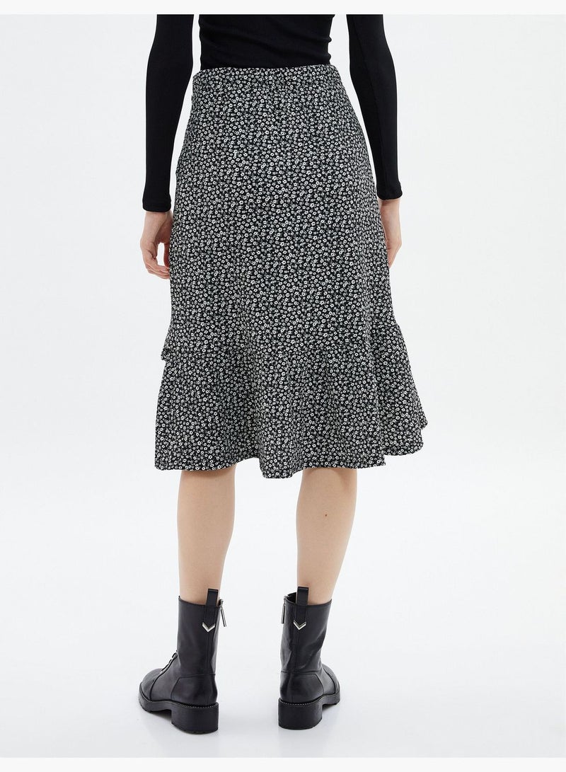 Midi Floral Skirt Envelop Asymmetric Cut Ruffle Relax Cut