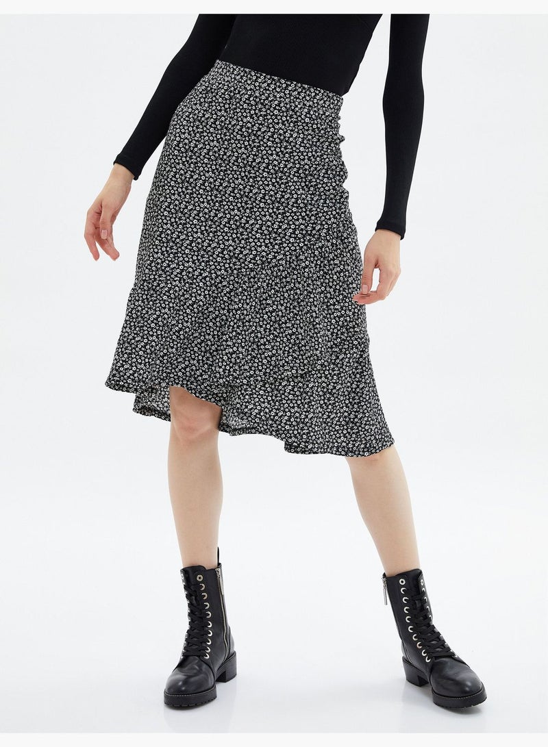 Midi Floral Skirt Envelop Asymmetric Cut Ruffle Relax Cut
