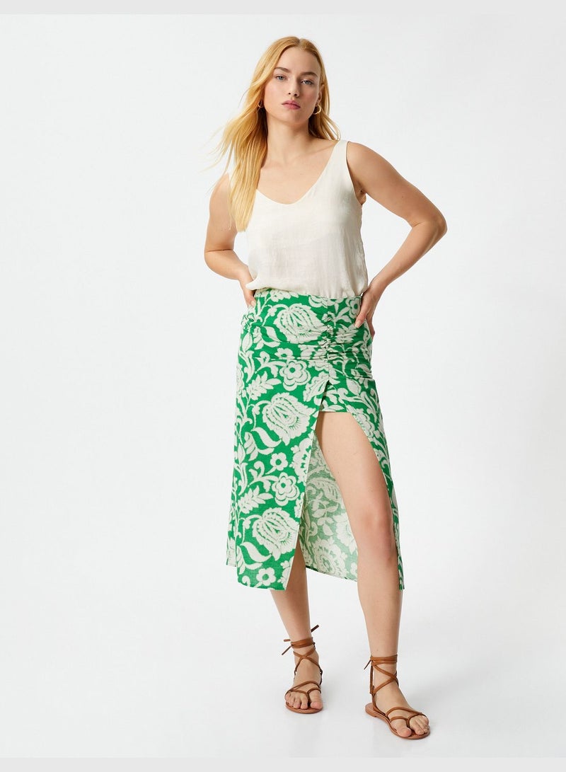 Cotton Medium Rise Shirred Floral Slit Skirt