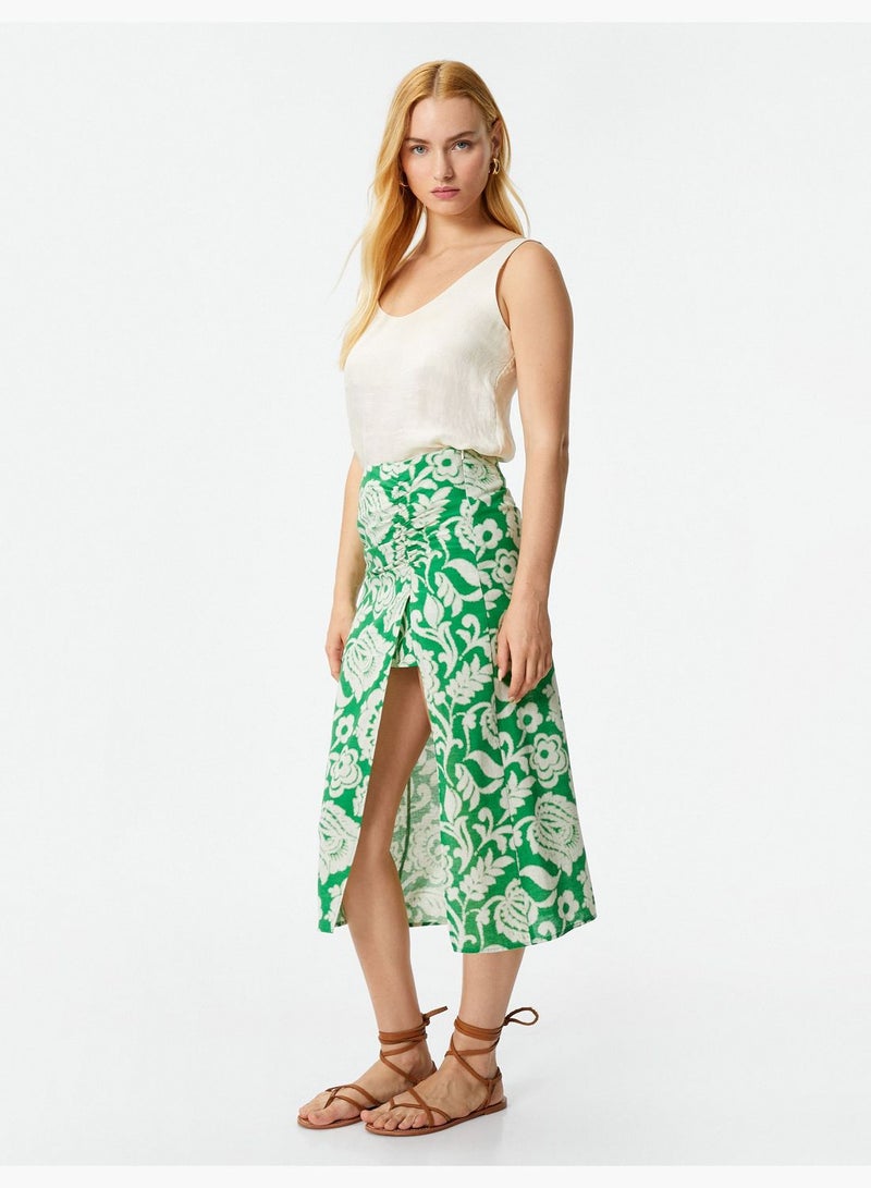 Cotton Medium Rise Shirred Floral Slit Skirt