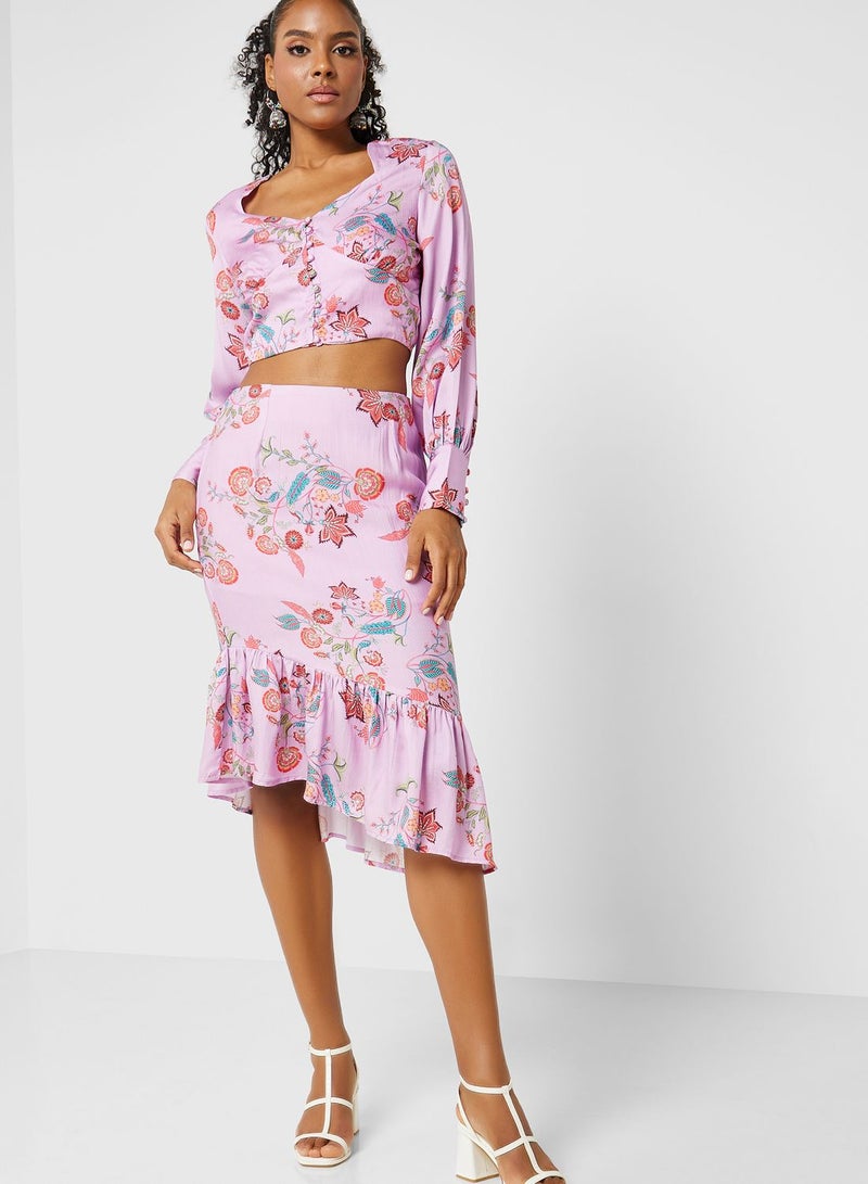 Puff Sleeves Crop Top & Floral Skirt Set