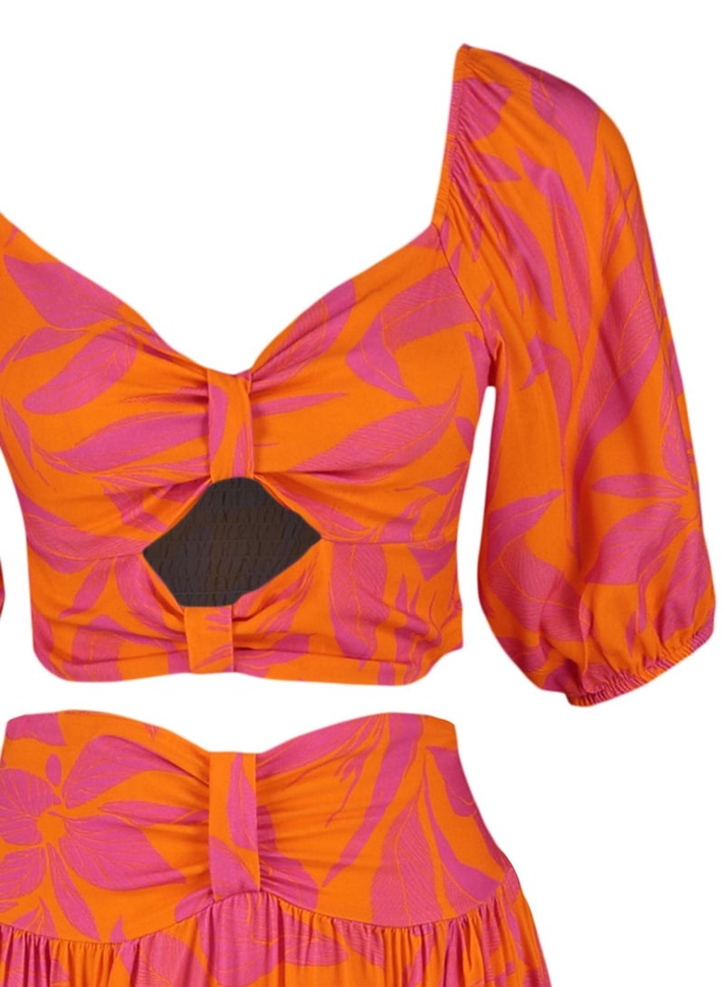 Cut Out Detail Printed Top & Skirt Set