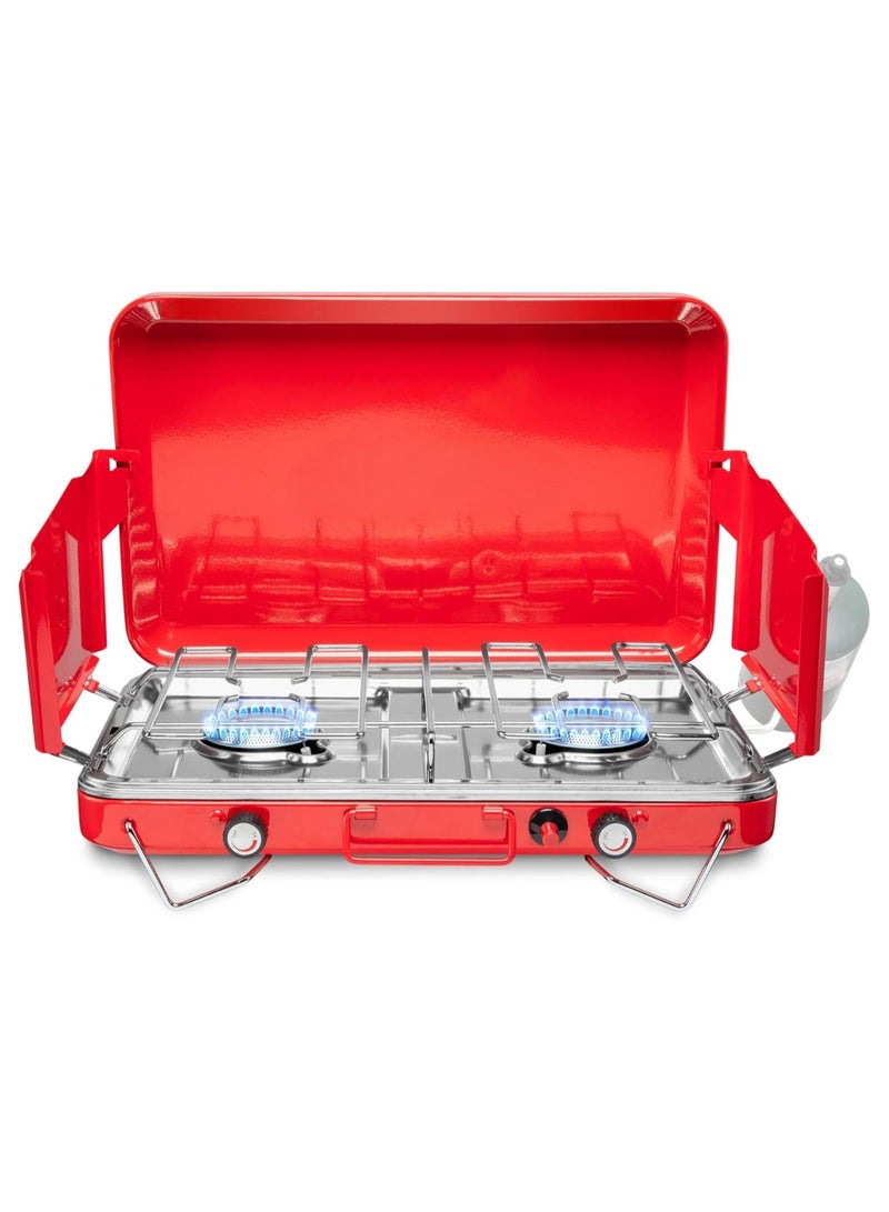 Portable Propane 2 Burner Stovetop with 20,000 BTU Gas Camping Stove, Featuring Integrated Igniter, Stainless Steel Drip Tray, Built-in Carrying Handle, Foldable Legs, and Wind Panels.