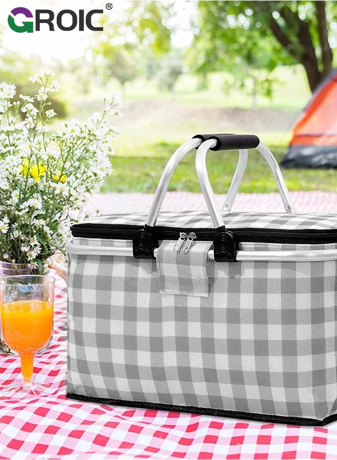 30L Large Picnic Basket Shopping Travel Camping Grocery Bags,Insulated Picnic Basket,Leak-Proof Collapsible Cooler Bag,Grocery Basket with Lid and 2 Sturdy Handles,Camping Supplies(Gray)