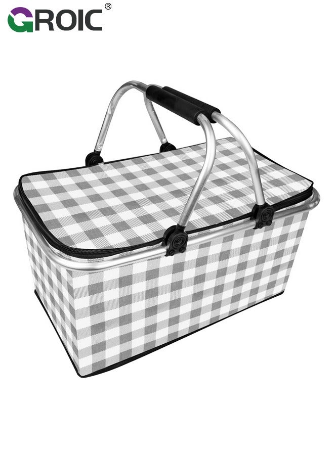 30L Large Picnic Basket Shopping Travel Camping Grocery Bags,Insulated Picnic Basket,Leak-Proof Collapsible Cooler Bag,Grocery Basket with Lid and 2 Sturdy Handles,Camping Supplies(Gray)