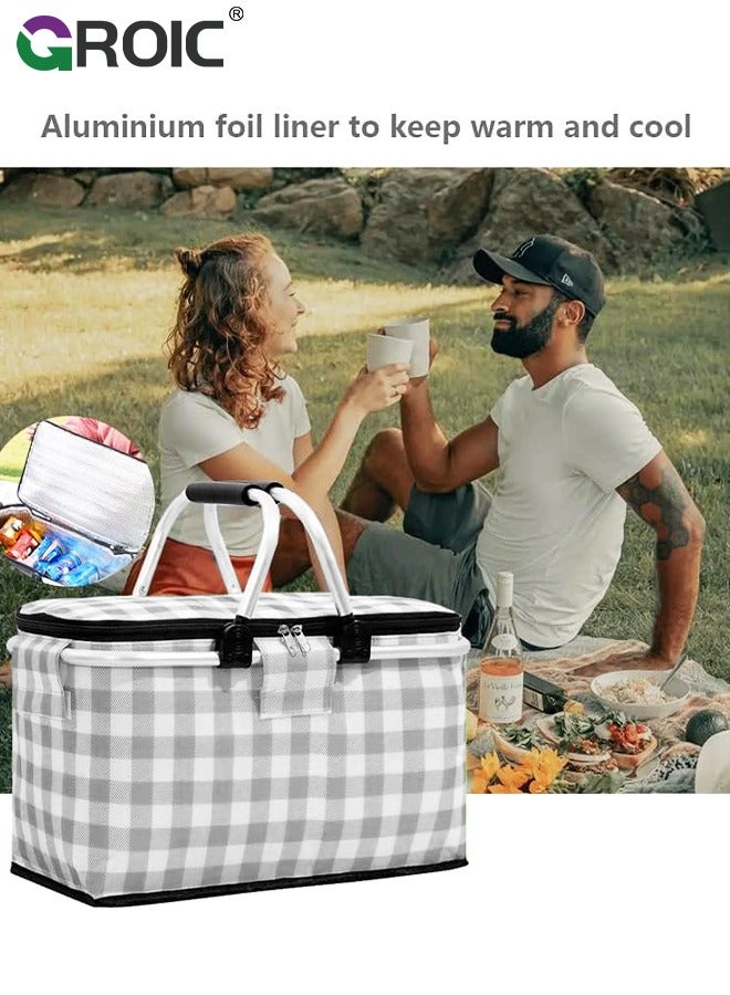 30L Large Picnic Basket Shopping Travel Camping Grocery Bags,Insulated Picnic Basket,Leak-Proof Collapsible Cooler Bag,Grocery Basket with Lid and 2 Sturdy Handles,Camping Supplies(Gray)