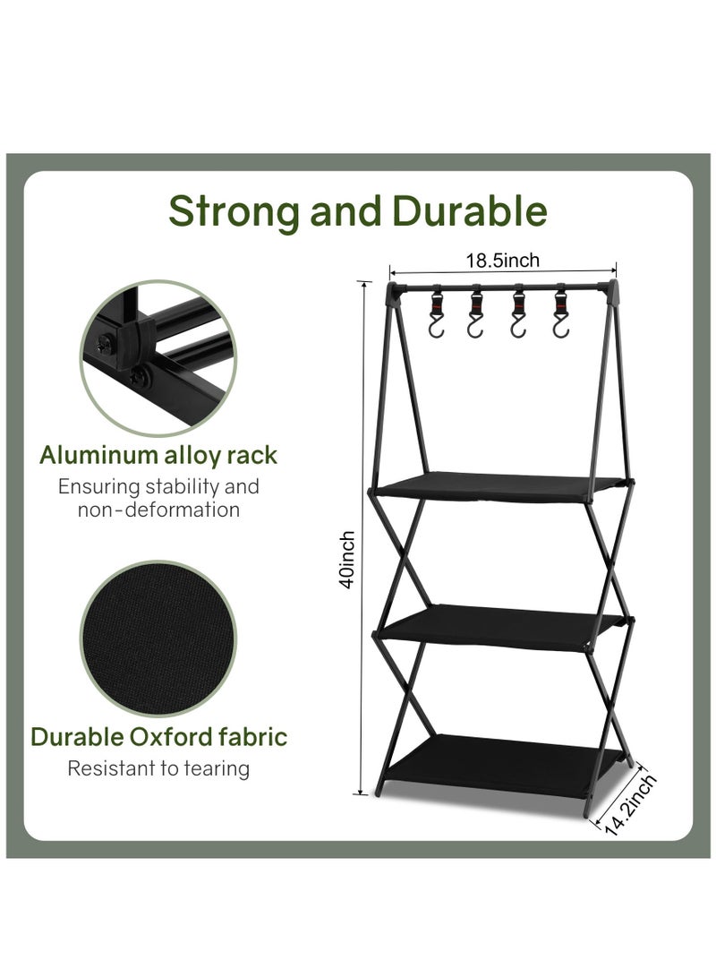 Camping Folding Storage Rack,Outdoor Camping Rack with Hooks,Aluminum Portable Camping Shelves,Camping Utensils Cookware Storage Rack for Kitchen Camping Picnic BBQ Indoor Outdoor(3-Layers)