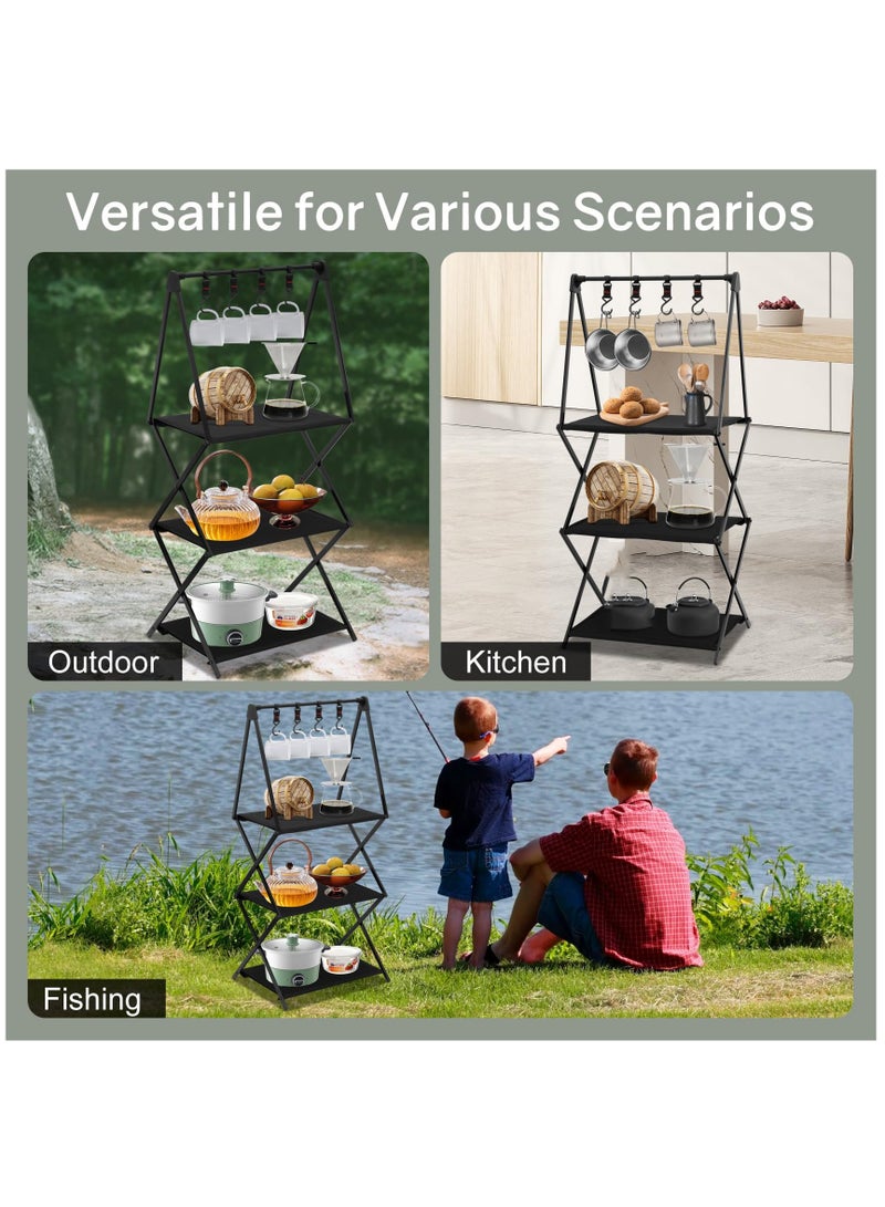 Camping Folding Storage Rack,Outdoor Camping Rack with Hooks,Aluminum Portable Camping Shelves,Camping Utensils Cookware Storage Rack for Kitchen Camping Picnic BBQ Indoor Outdoor(3-Layers)