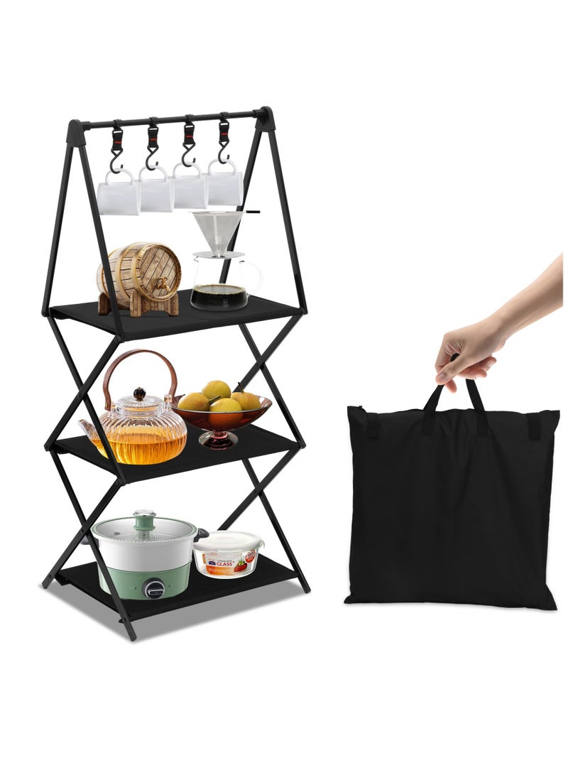 Camping Folding Storage Rack,Outdoor Camping Rack with Hooks,Aluminum Portable Camping Shelves,Camping Utensils Cookware Storage Rack for Kitchen Camping Picnic BBQ Indoor Outdoor(3-Layers)