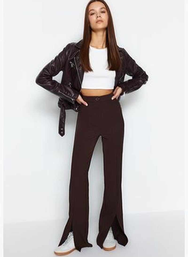 Brown Flare Slit Detail Woven Trousers