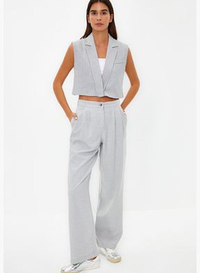 Gray Straight/Straight Cut Belt Detail Woven Trousers