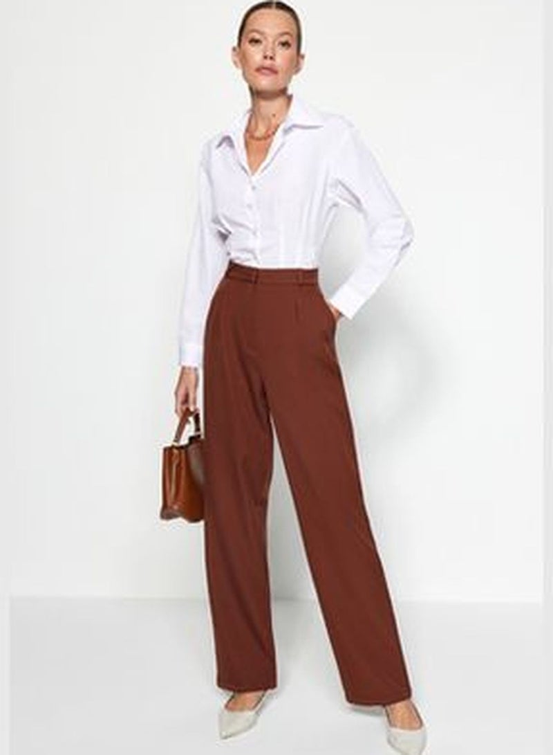 Brown Straight Cut Wide Leg Pleated Woven Trousers TWOSS21PL0155