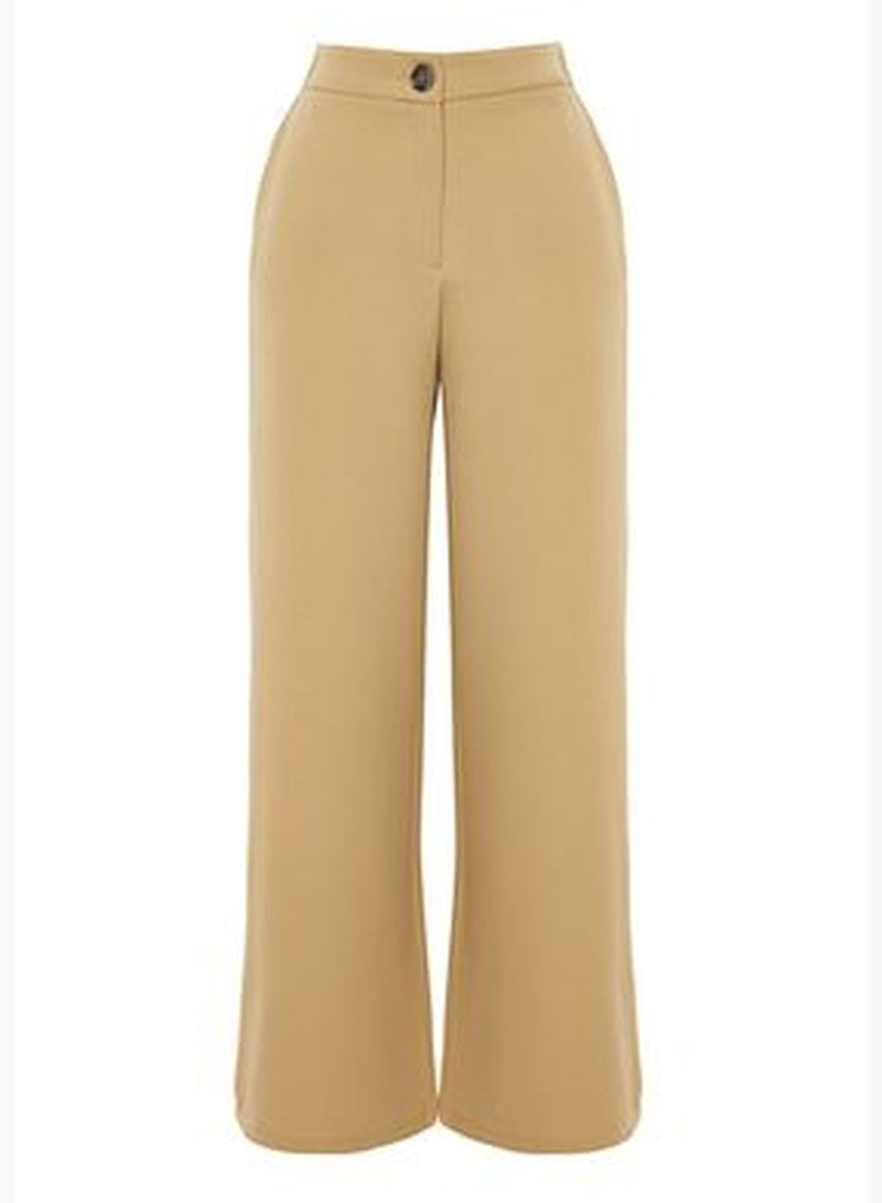 Beige Wide Leg Woven Trousers with Side Buttons TWOSS20PL0398
