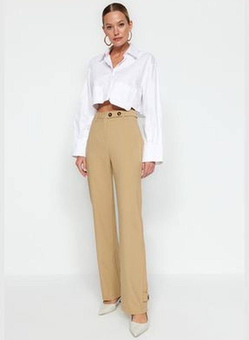 Cream Belt Detailed Woven Trousers TWOAW24PL00236