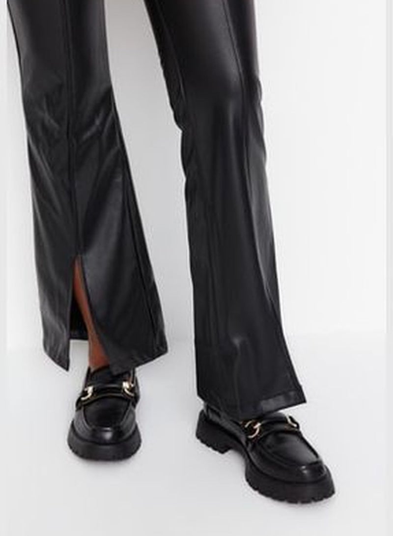 Black Flare Woven Faux Leather Pants TWOAW23PL00056